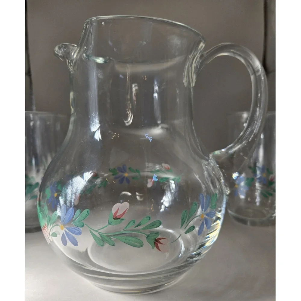 Vintage Pitcher 4 Glasses Floral Design Glass With Ice‎ Guard